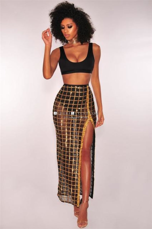 Two Piece Crop Tank Top Sequins High Slit Maxi Dress Black / S China