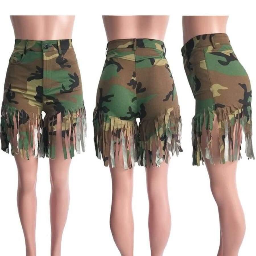 Fringed Sanded Denim Shorts Plus Size S-3Xl Camo / S United States