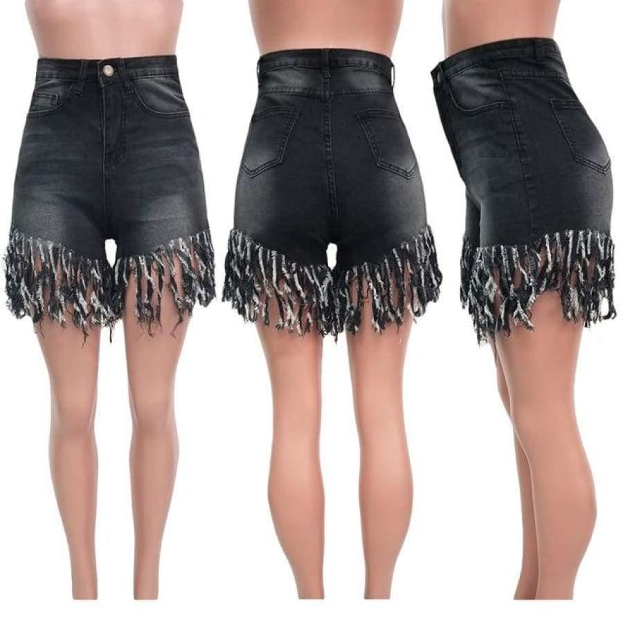 Fringed Sanded Denim Shorts Plus Size S-3Xl Jeans Black / S United States
