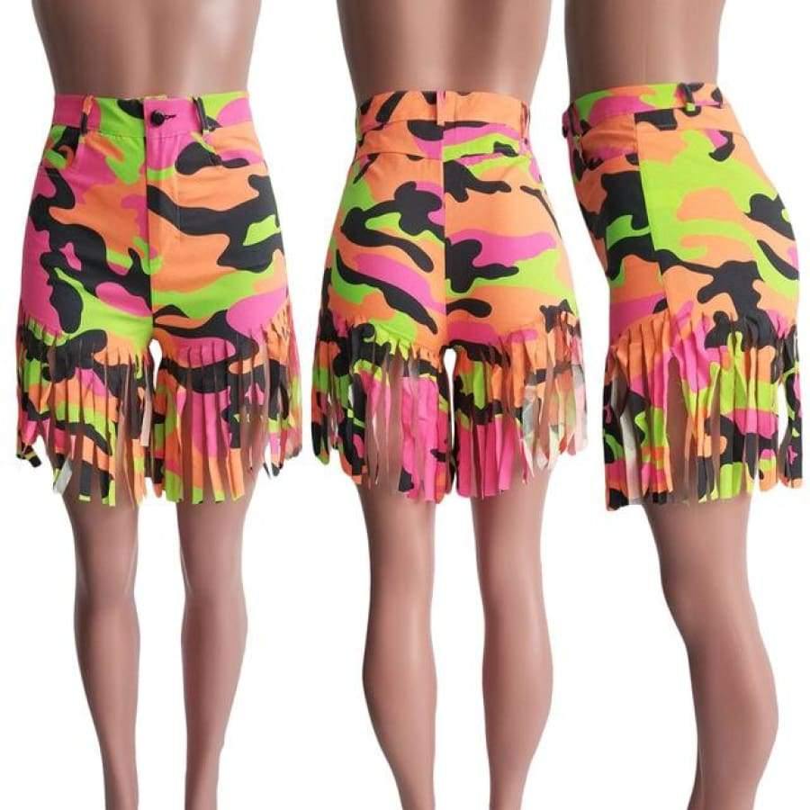 Fringed Sanded Denim Shorts Plus Size S-3Xl Pink Camo / S United States