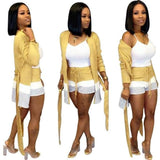 Long Sleeve Cardigan Coat With Sashes + Shorts Yellow 2 Piece Set / L United States