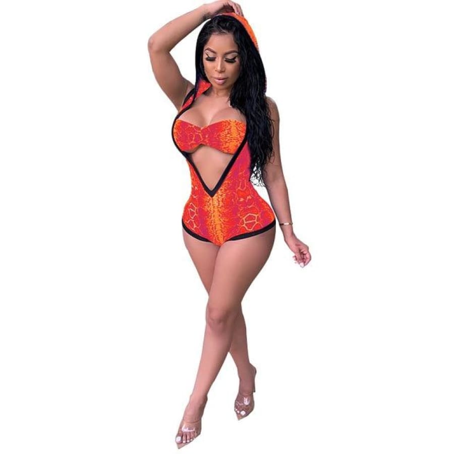 Snakeskin Two Piece Hooded Bodysuit + Bra Red / S United States
