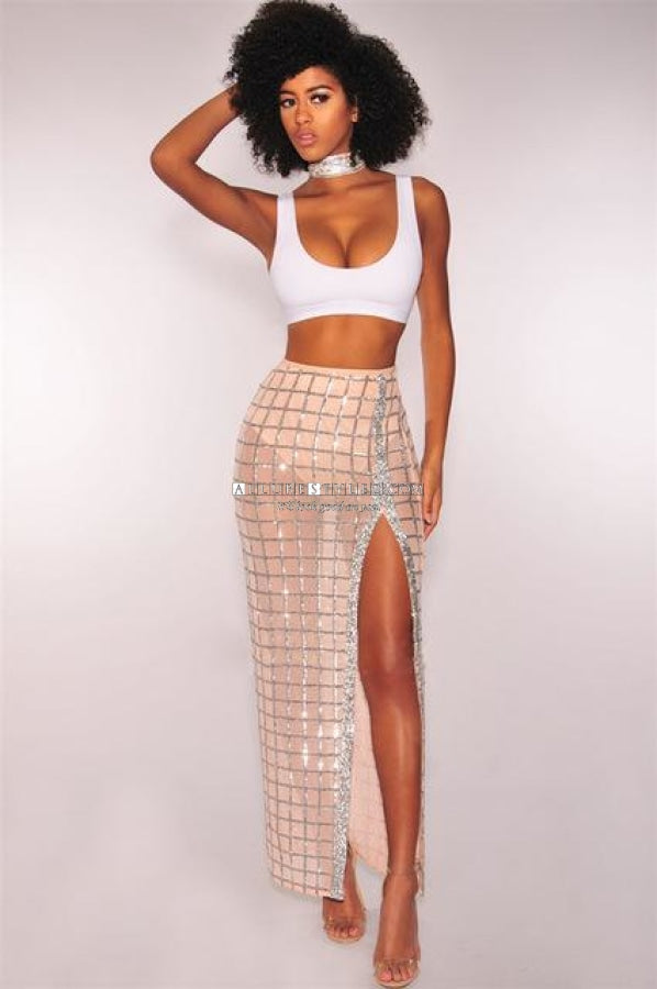 Two Piece Crop Tank Top Sequins High Slit Maxi Dress White / S China